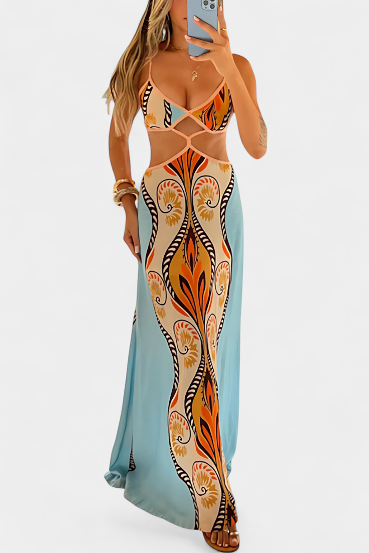 Systella™ | Elegant Cut-Out Dress with Abstract Print & Open Back