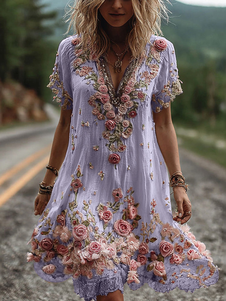 Kate™ | Vintage Short Sleeve Dress with Floral Embroidery