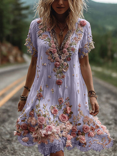 Kate™ | Vintage Short Sleeve Dress with Floral Embroidery