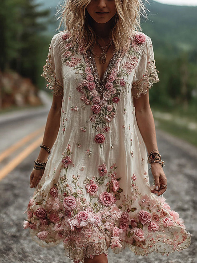 Kate™ | Vintage Short Sleeve Dress with Floral Embroidery
