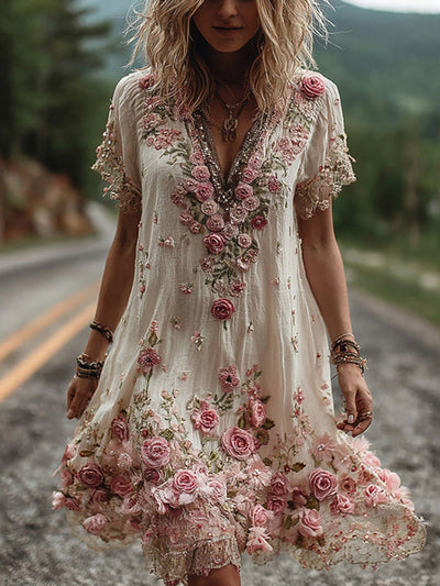 Kate™ | Vintage Short Sleeve Dress with Floral Embroidery