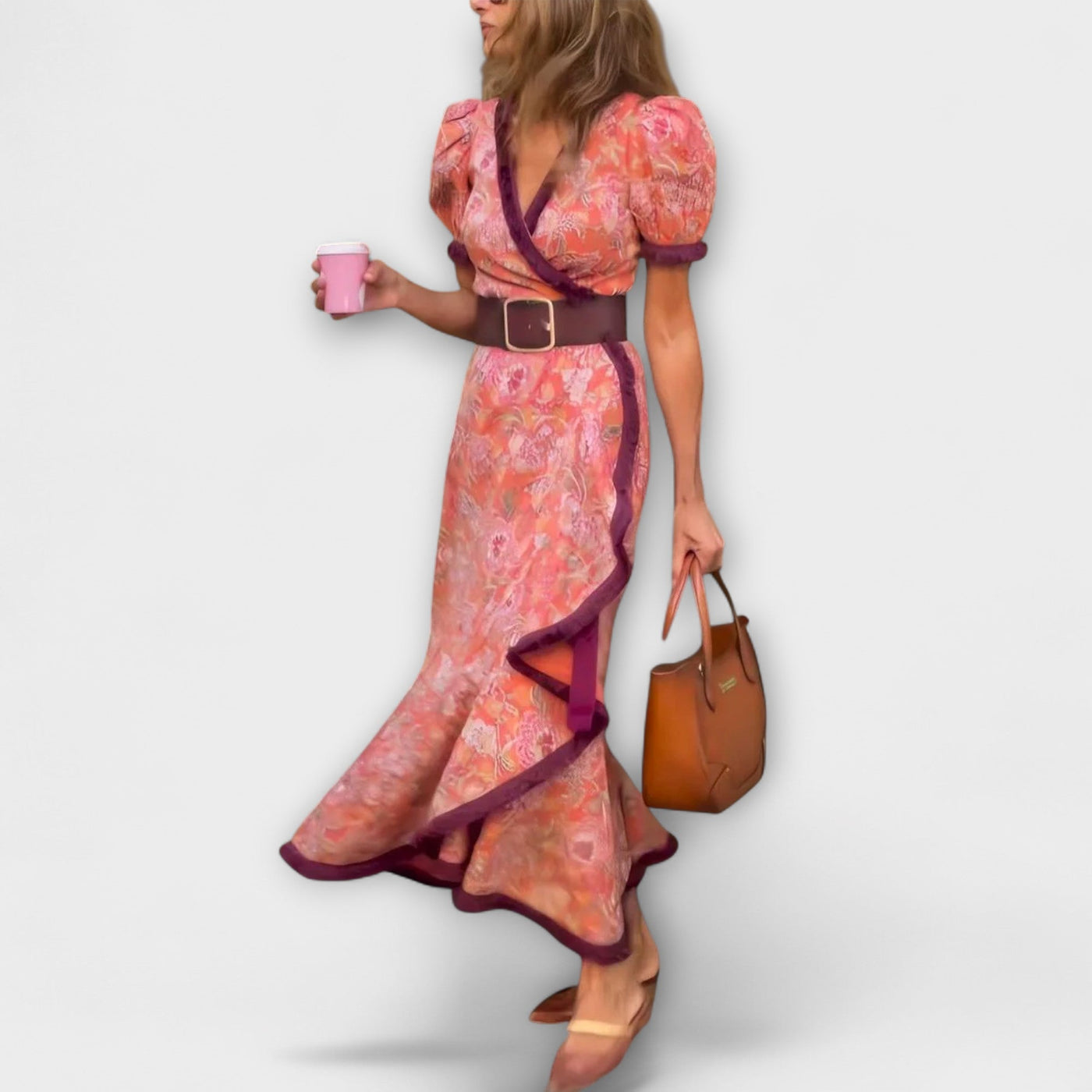 Lora™ | Elegant Pink Maxi Dress with Short Sleeves