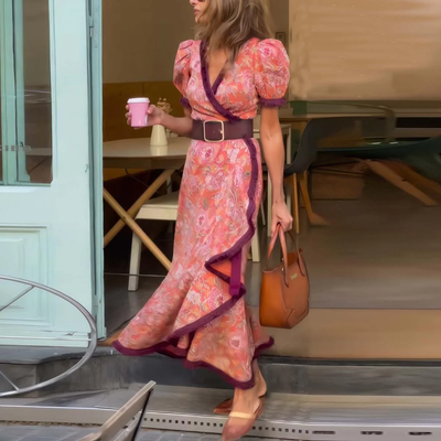 Amalia™ | Elegant Pink Maxi Dress with Short Sleeves