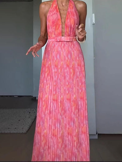 Heather™ | Elegant Halter V Neck Open Back Print Pleated Maxi Dress