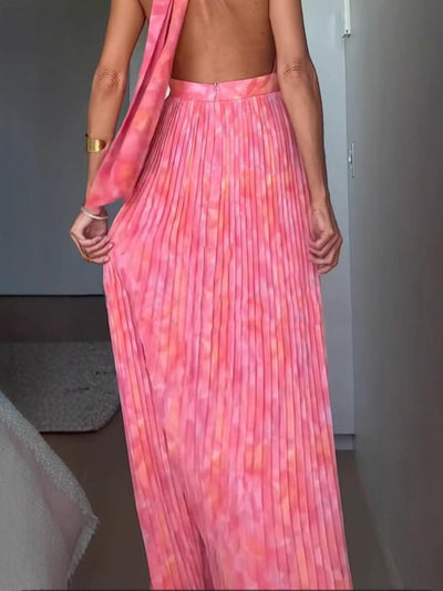 Heather™ | Elegant Halter V Neck Open Back Print Pleated Maxi Dress