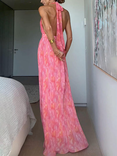 Heather™ | Elegant Halter V Neck Open Back Print Pleated Maxi Dress