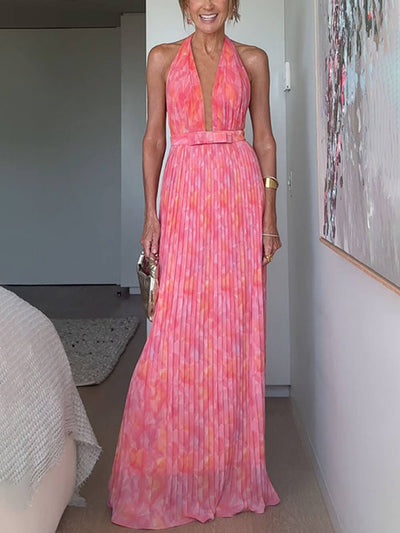 Heather™ | Elegant Halter V Neck Open Back Print Pleated Maxi Dress