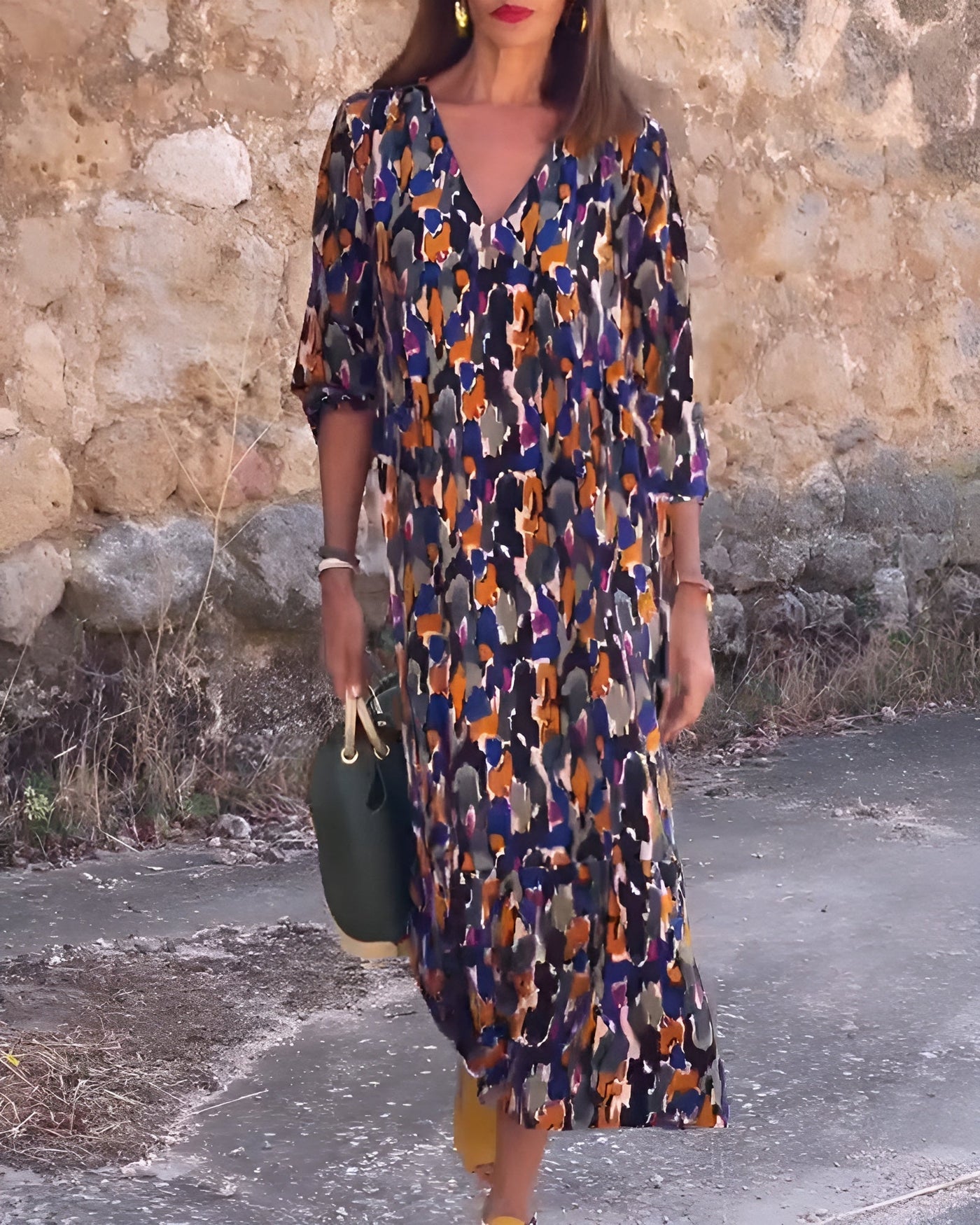Nathalie™ | V-Neck Dress with Retro Print