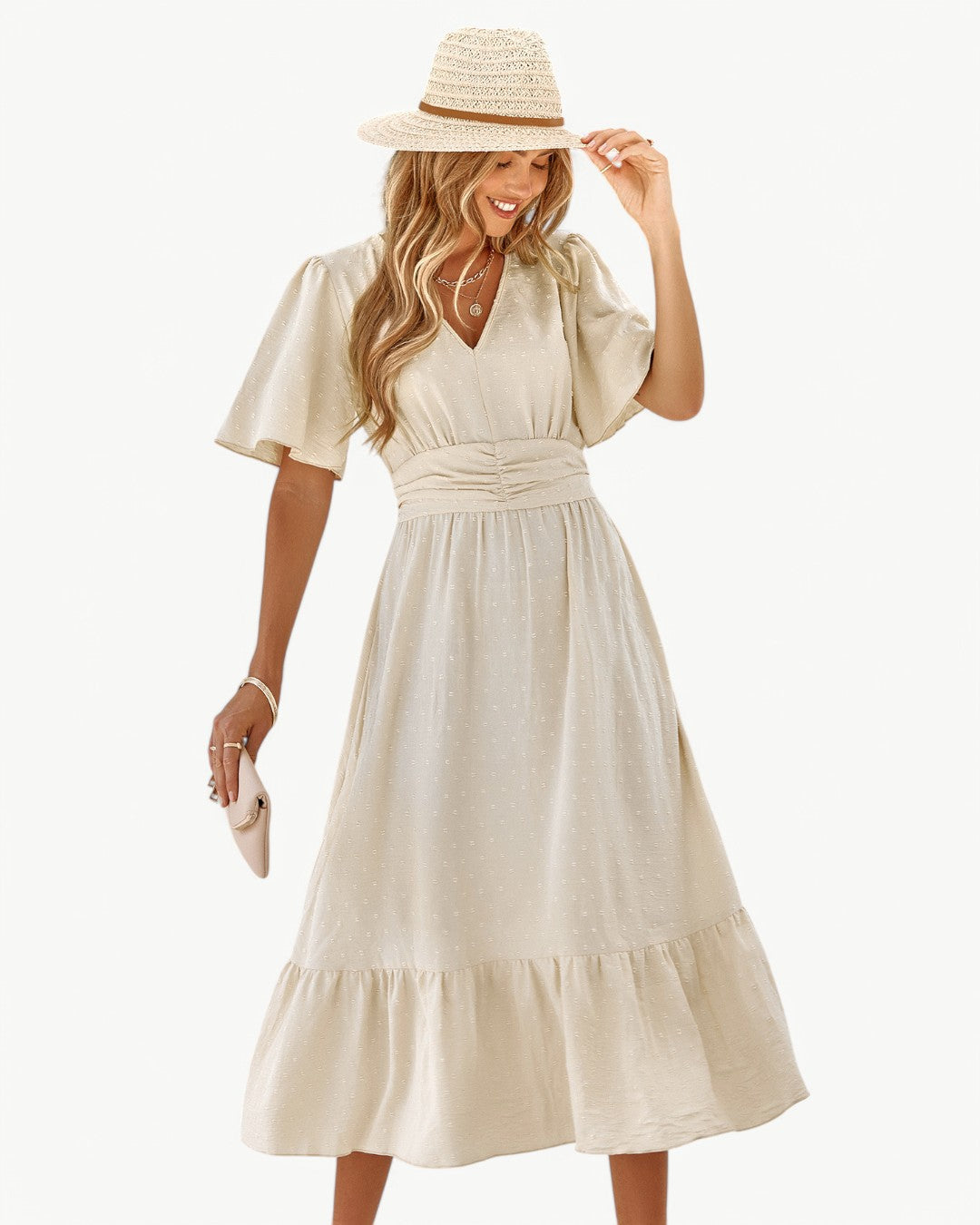 Renee™ | V-Neck Calf-Length Dress with Short Sleeves