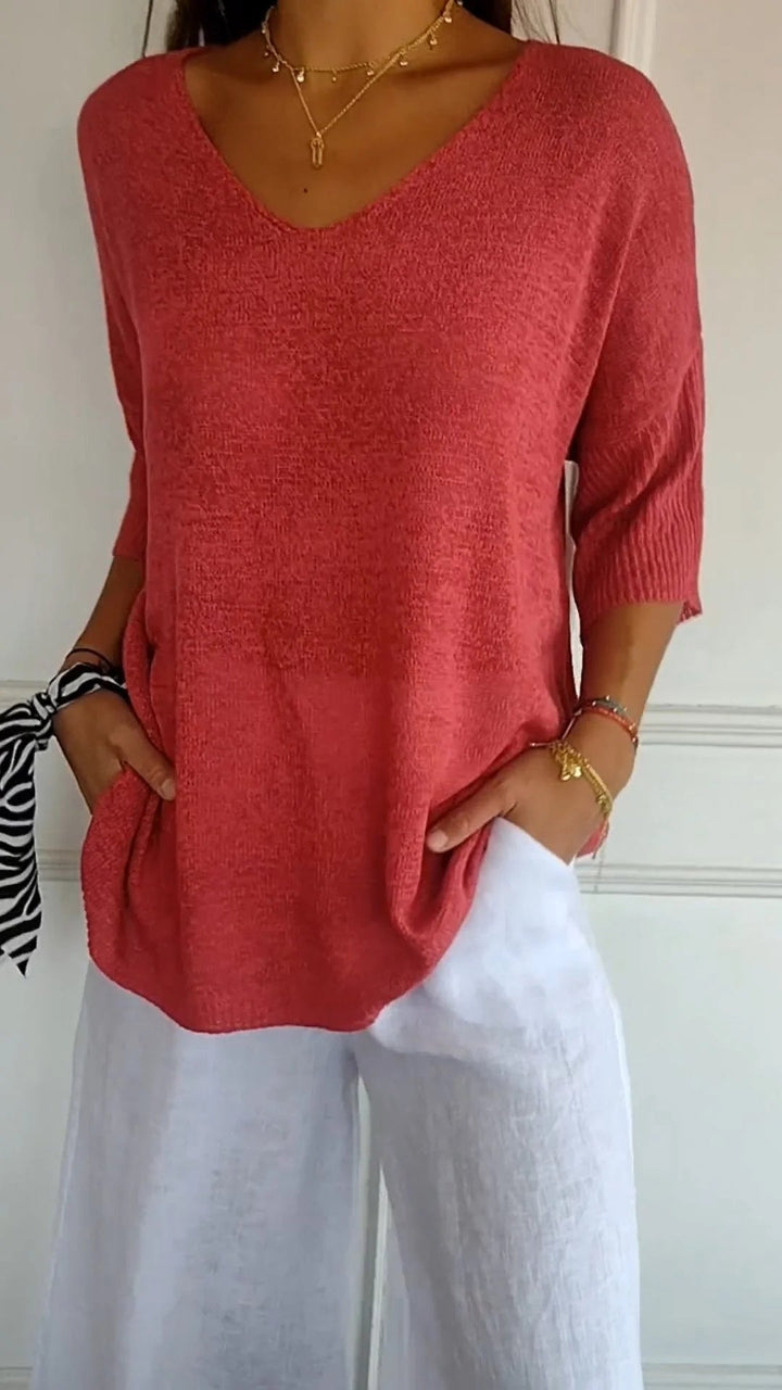 Saya™ | Solid Color Knitted V-Neck Top