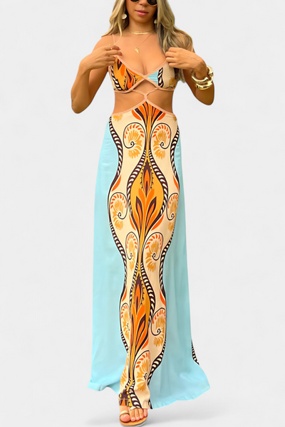 Systella™ | Elegant Cut-Out Dress with Abstract Print & Open Back