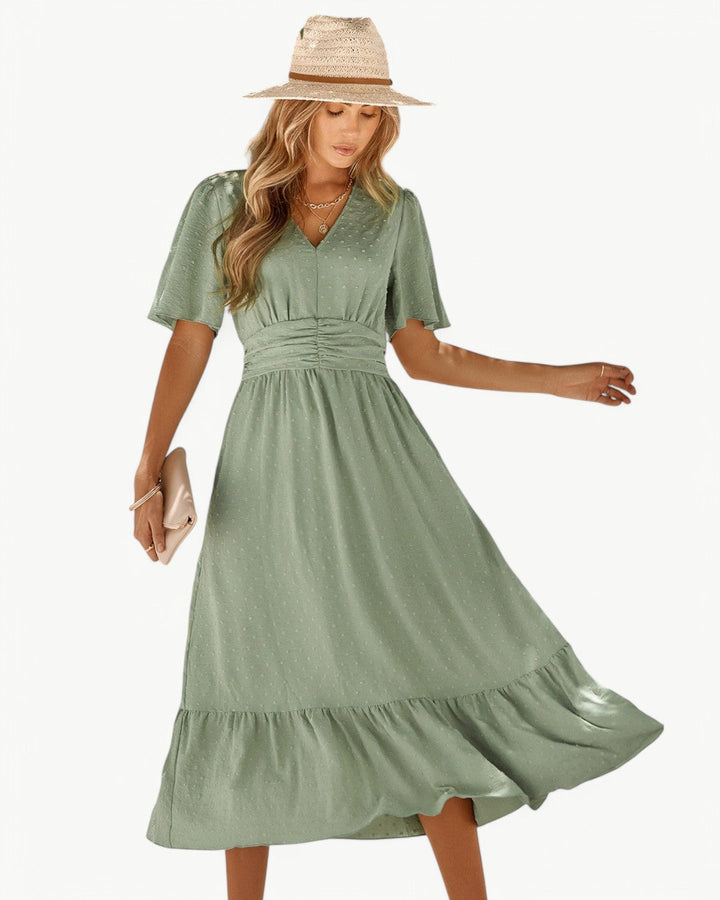 Renee™ | V-Neck Calf-Length Dress with Short Sleeves