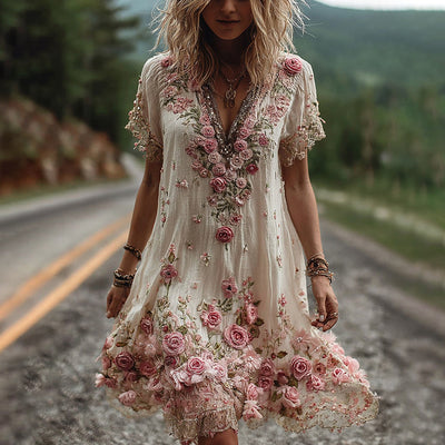 Kate™ | Vintage Short Sleeve Dress with Floral Embroidery