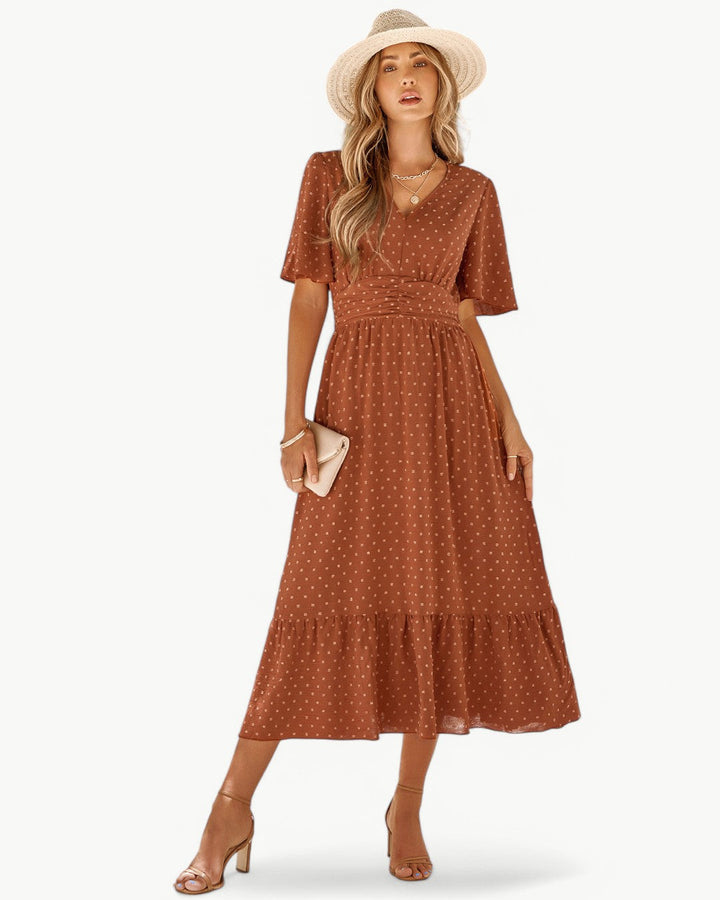 Renee™ | V-Neck Calf-Length Dress with Short Sleeves