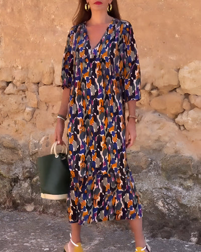 Nathalie™ | V-Neck Dress with Retro Print