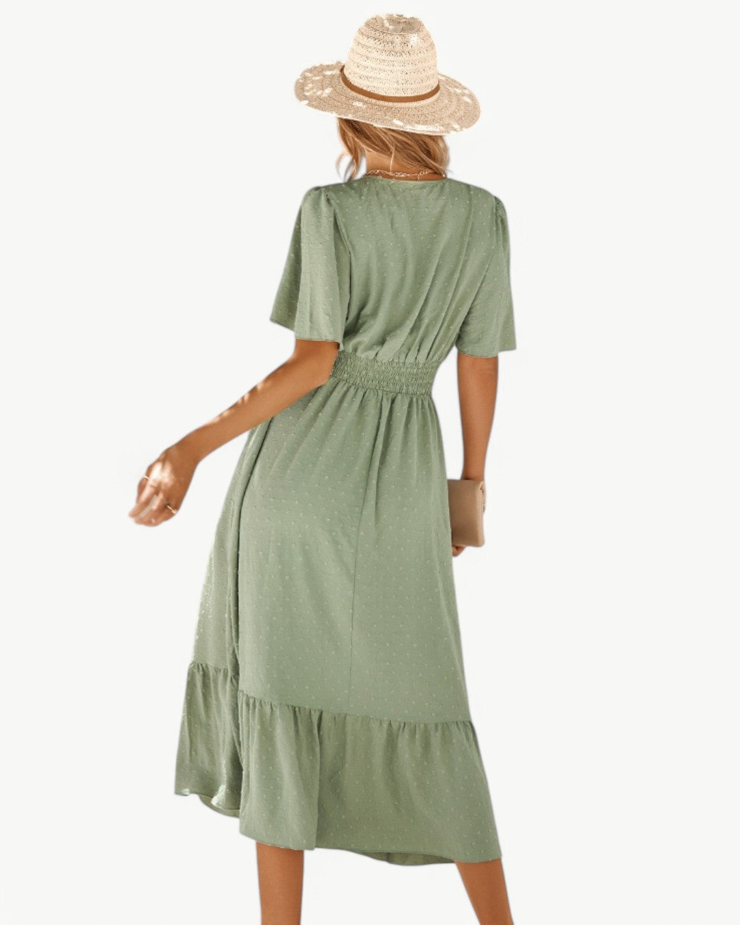 Renee™ | V-Neck Calf-Length Dress with Short Sleeves