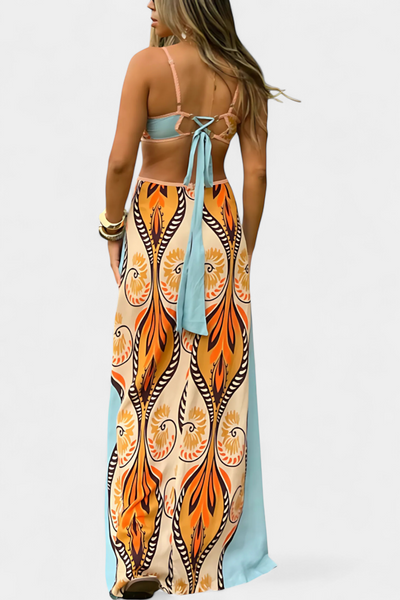 Systella™ | Elegant Cut-Out Dress with Abstract Print & Open Back