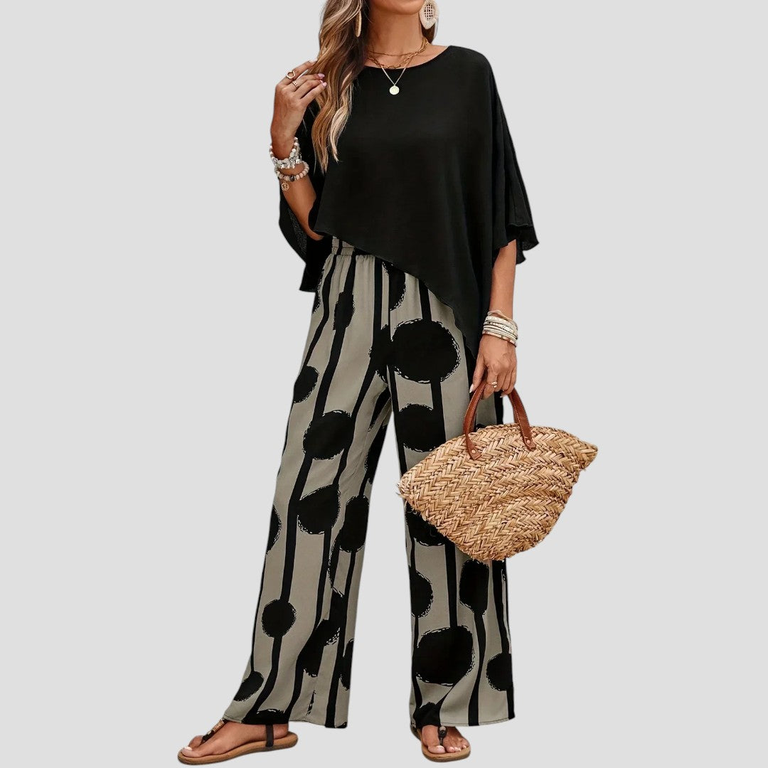 Milavie™ | Stylish Set with Asymmetric Top & Printed Trousers