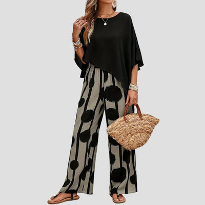 Milavie™ | Stylish Set with Asymmetric Top & Printed Trousers