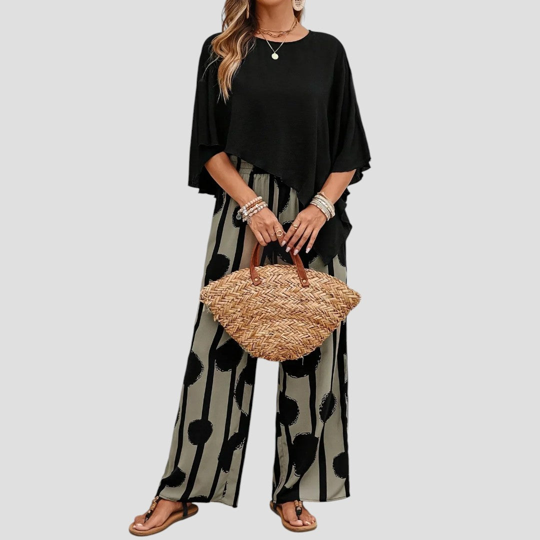 Milavie™ | Stylish Set with Asymmetric Top & Printed Trousers