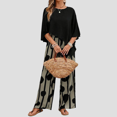 Milavie™ | Stylish Set with Asymmetric Top & Printed Trousers