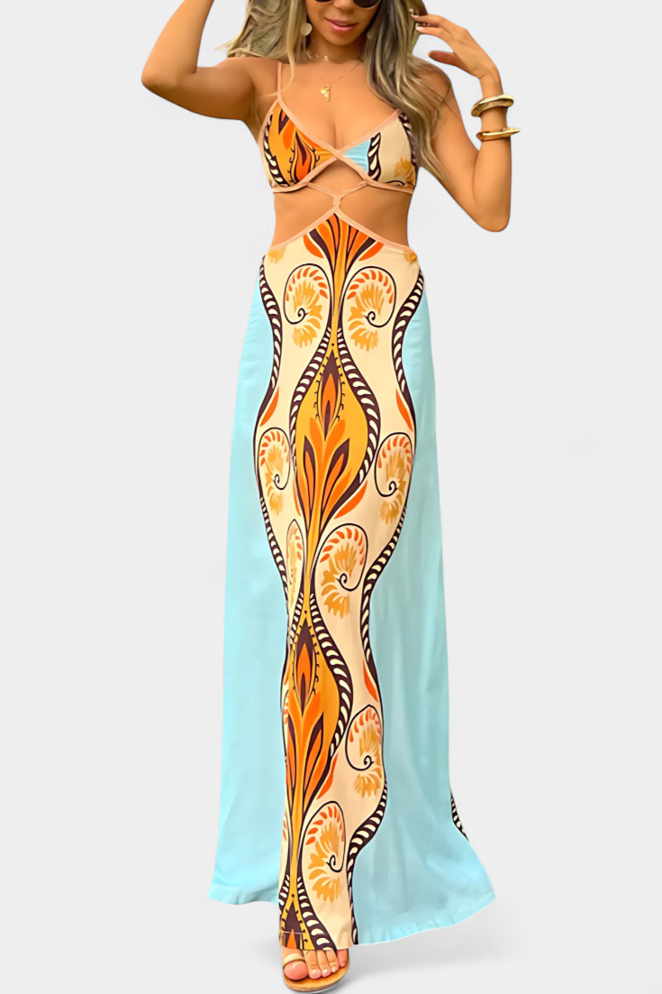 Systella™ | Elegant Cut-Out Dress with Abstract Print & Open Back