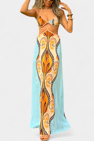 Systella™ | Elegant Cut-Out Dress with Abstract Print & Open Back