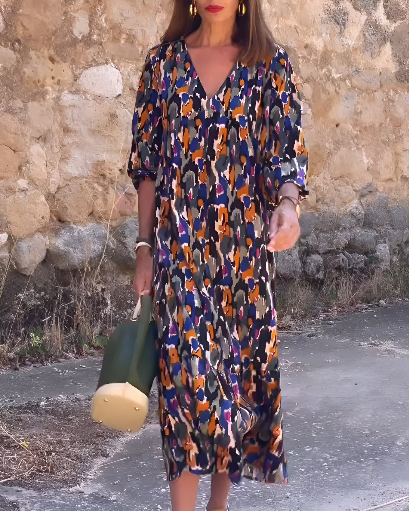 Nathalie™ | V-Neck Dress with Retro Print