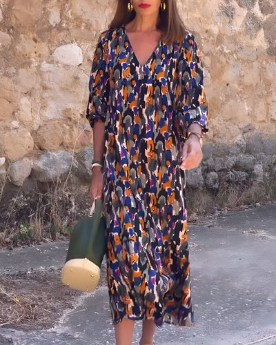 Nathalie™ | V-Neck Dress with Retro Print