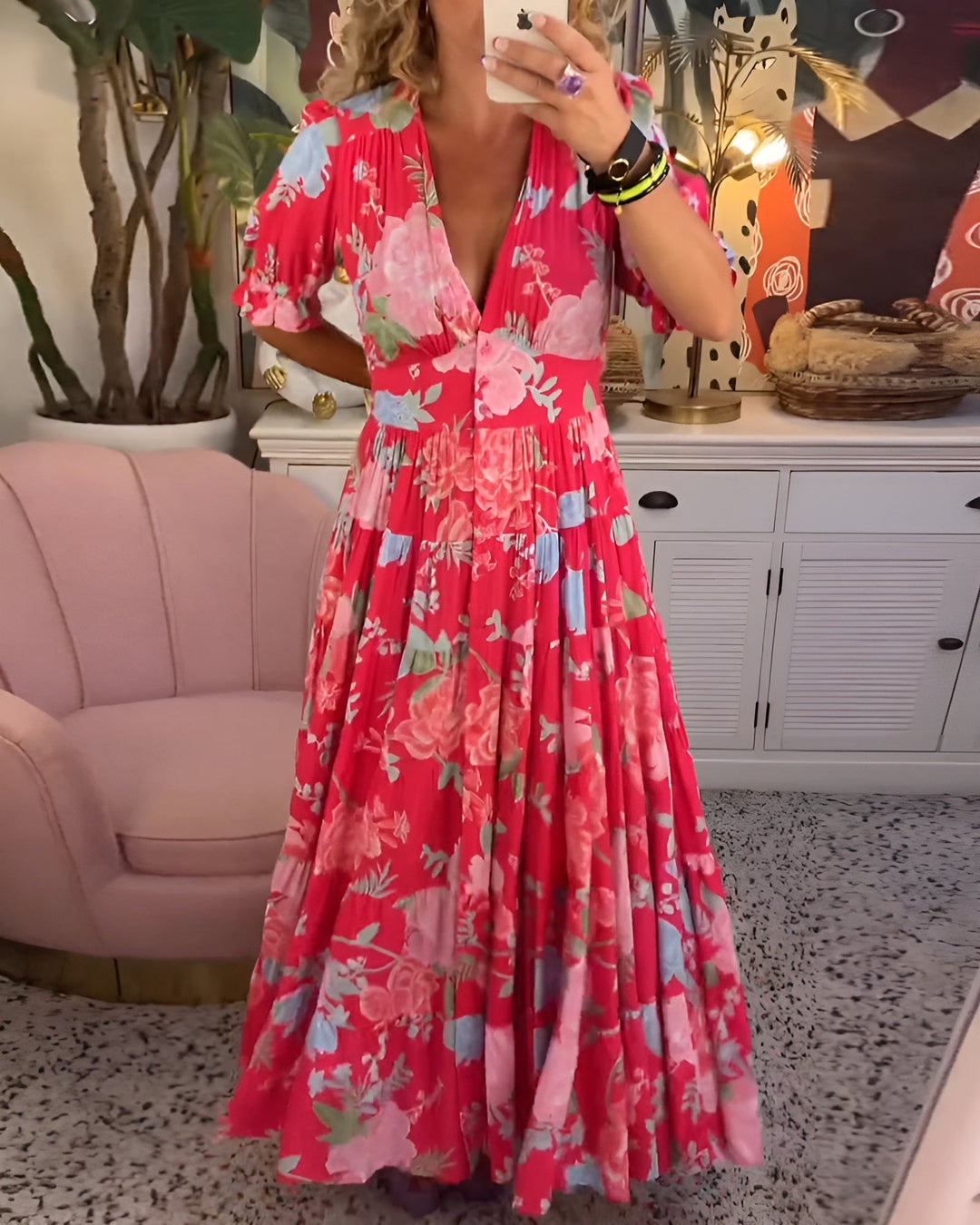 Carine™ | V-Neck Floral Print Dress with Pockets