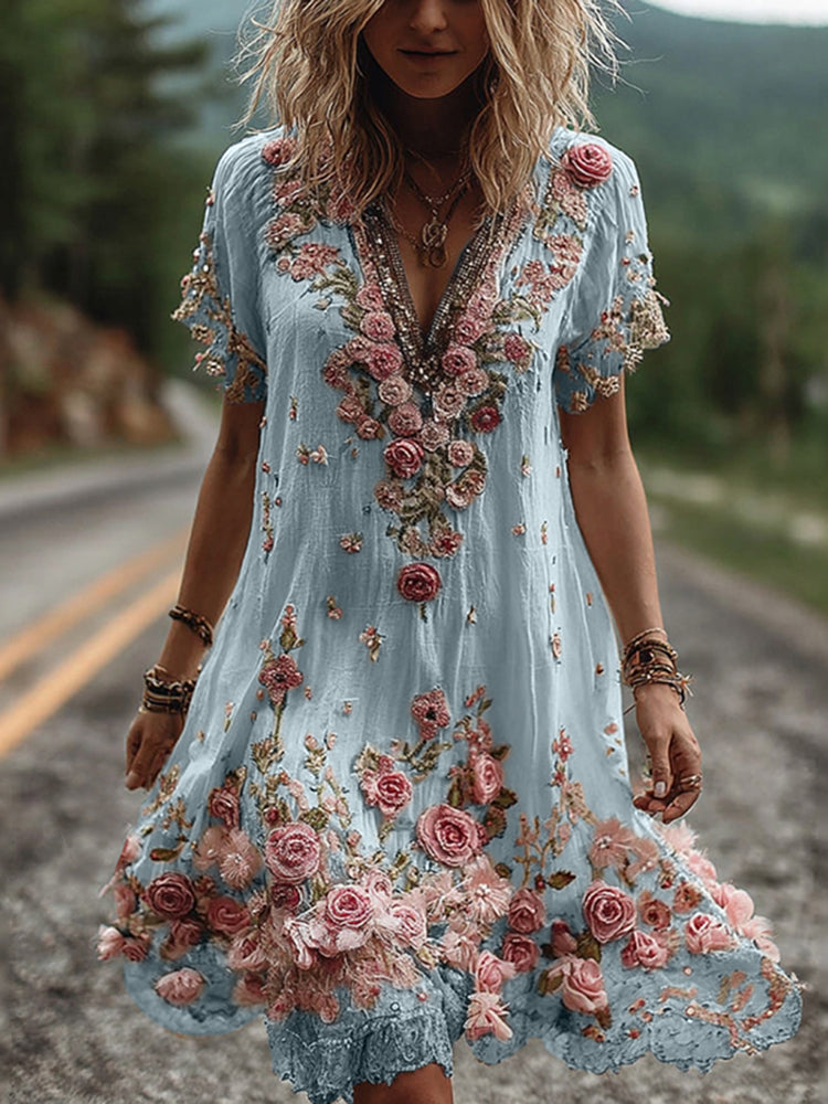 Kate™ | Vintage Short Sleeve Dress with Floral Embroidery