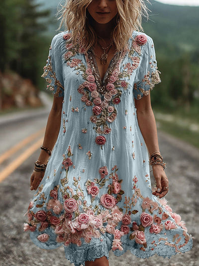 Kate™ | Vintage Short Sleeve Dress with Floral Embroidery