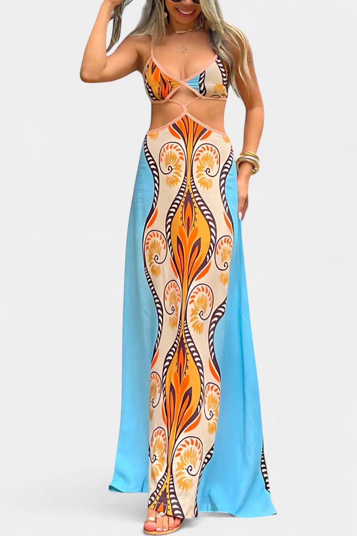 Systella™ | Elegant Cut-Out Dress with Abstract Print & Open Back