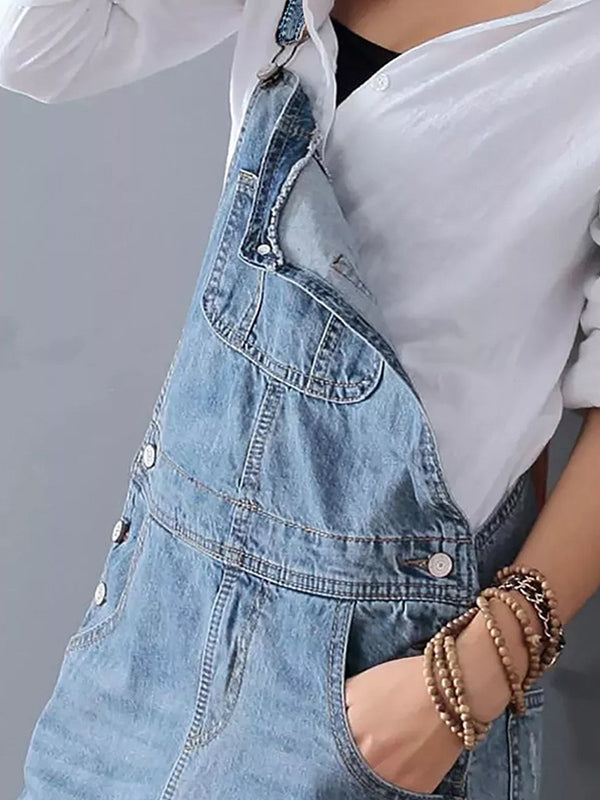 Distressed Denim Pinafore Dress with Back Slit