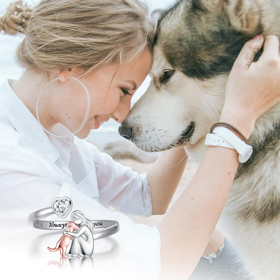 Adjustable Silver Dog Ring – “Always in My Heart” with Zirconia Stones