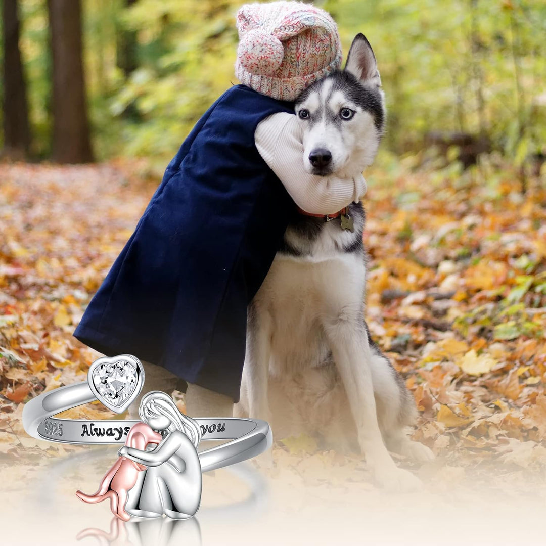 Adjustable Silver Dog Ring – “Always in My Heart” with Zirconia Stones