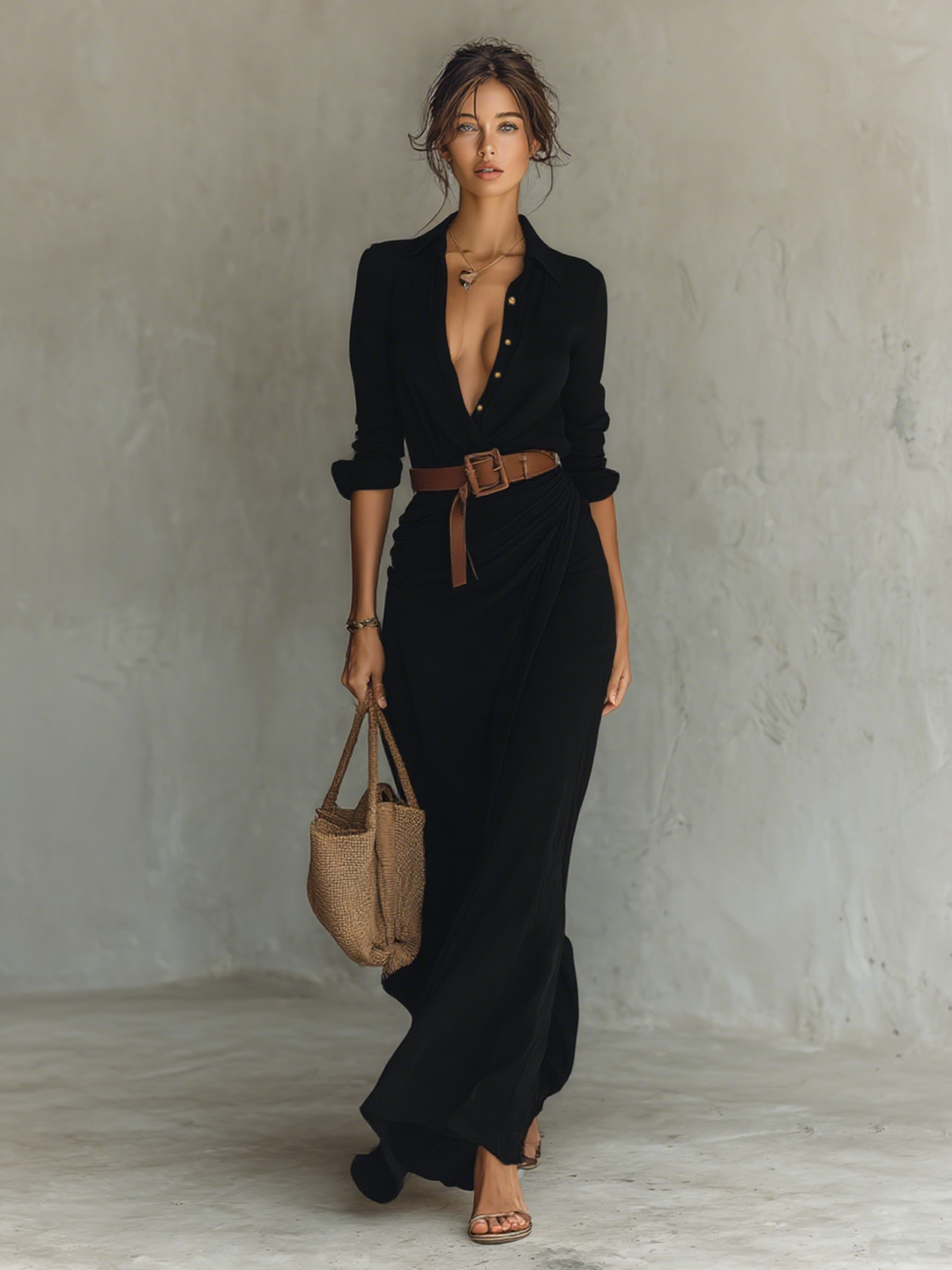 Curini™ | Long Maxi Dress with Lapel Collar & Belt Included