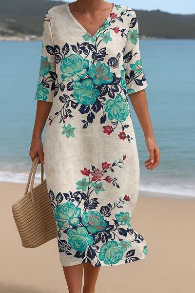 Maud™ | Long white dress with turquoise flowers