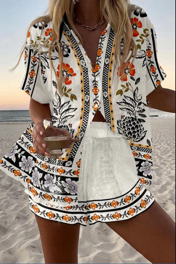 Printed Linen Short Set Flowers