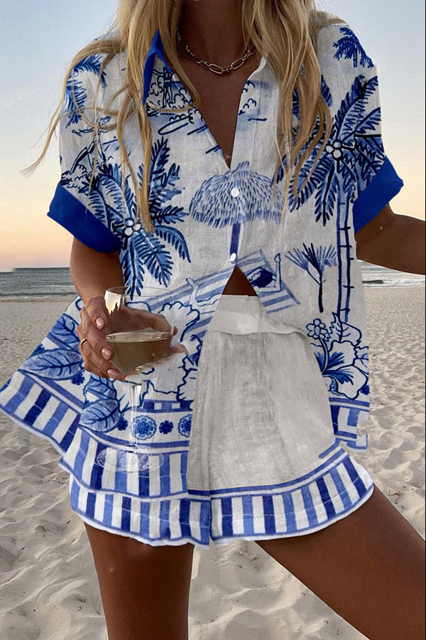 Short Printed Linen Set Palms