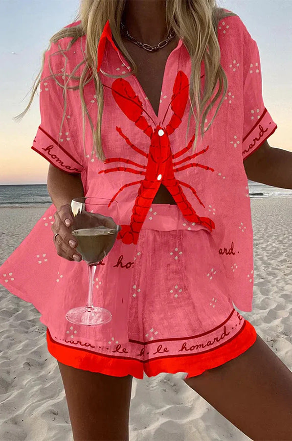 Pink Lobster Linen Short Set