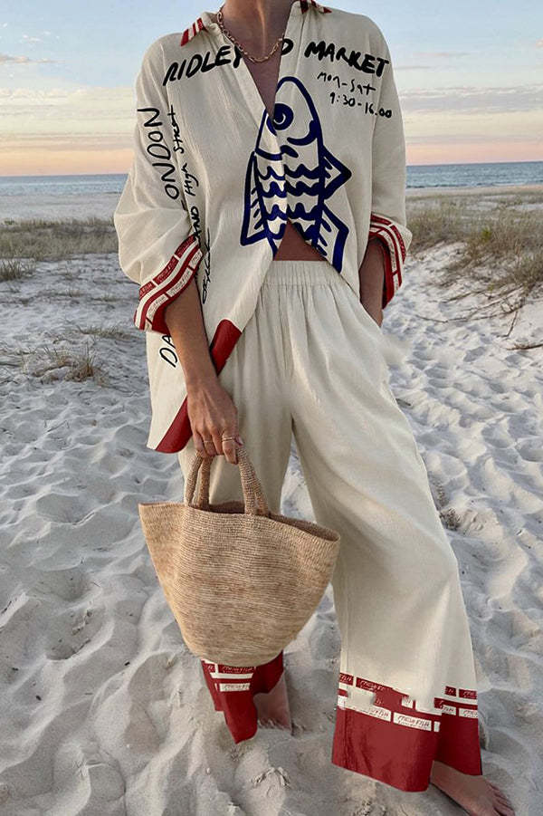 Printed Blue Fish Linen Set