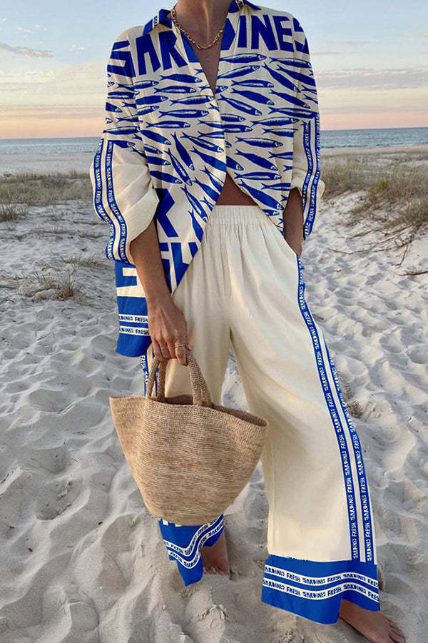 Printed Linen Set with Blue Sardines