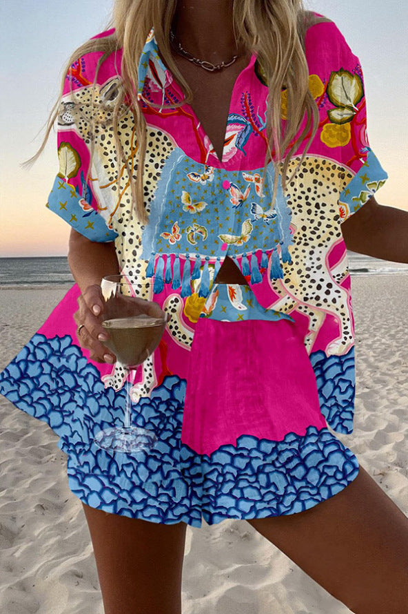 Short Printed Linen Set with Butterflies