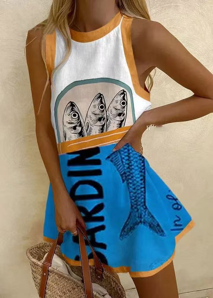 Blue Printed Mini Dress