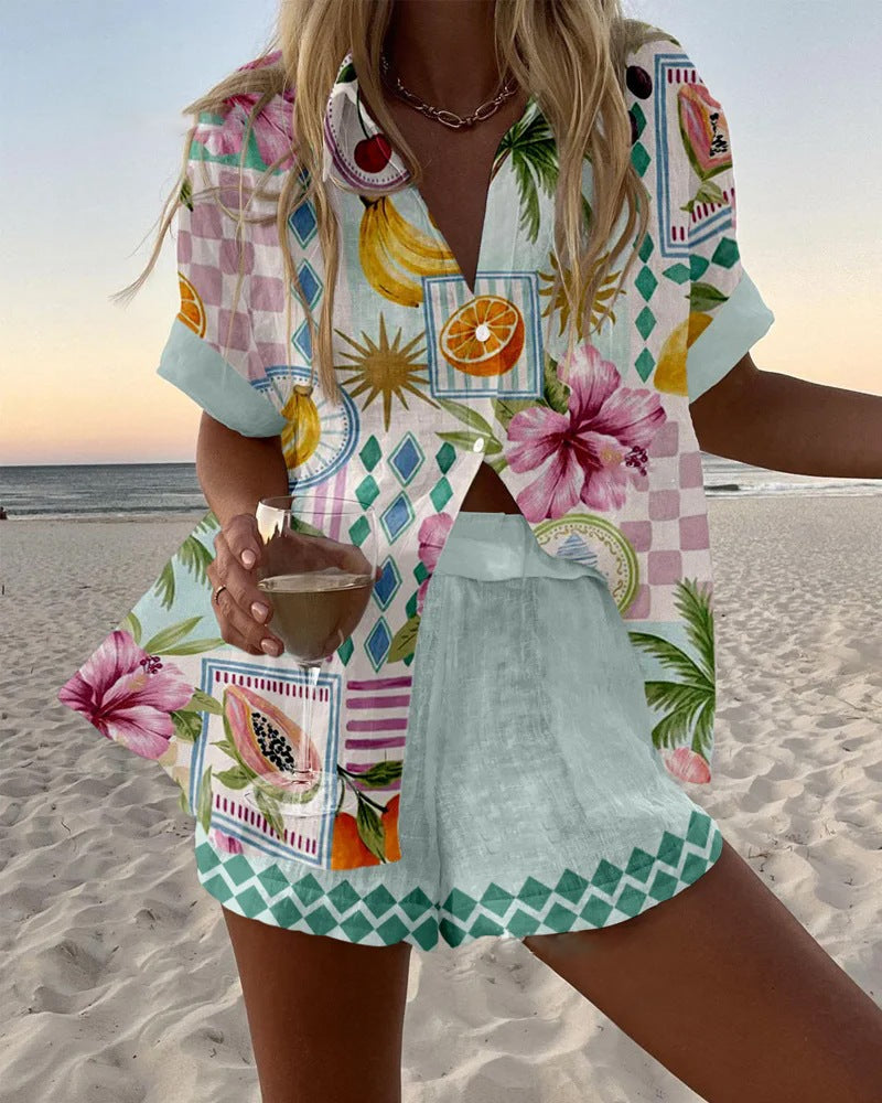 Printed Linen Short Set Fruits