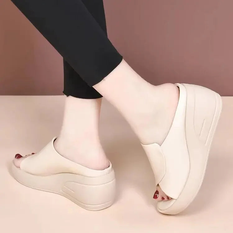 Open Toe Sexy Solid Thick Sole Slope Heel Slippers for Women Outwear Comfortable Platform Women's Single Shoes