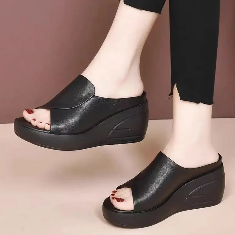 Open Toe Sexy Solid Thick Sole Slope Heel Slippers for Women Outwear Comfortable Platform Women's Single Shoes