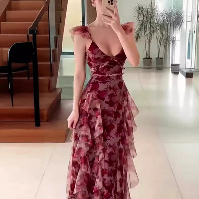 Flera™ | Elegant Floral Ruffled Dress