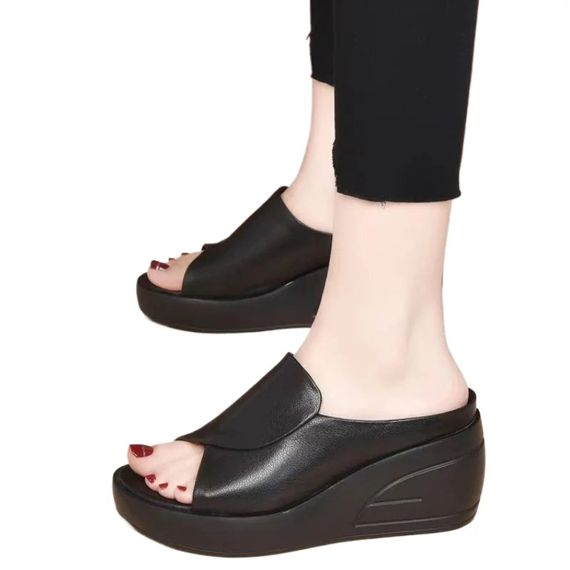 Open Toe Sexy Solid Thick Sole Slope Heel Slippers for Women Outwear Comfortable Platform Women's Single Shoes